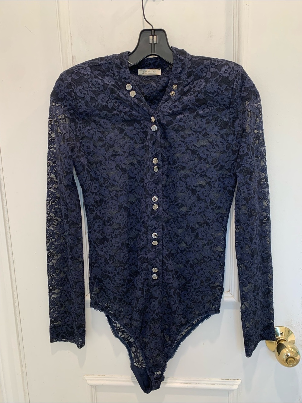 Vintage Nina Ricci dark blue lace bodysuit. Size Small